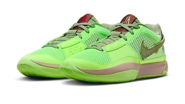 Side view of Ja Morant's green and brown Nike sneakers.